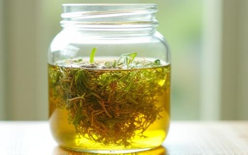 Photo of herbs infusing in oil in a jar, demonstrating the infusion process