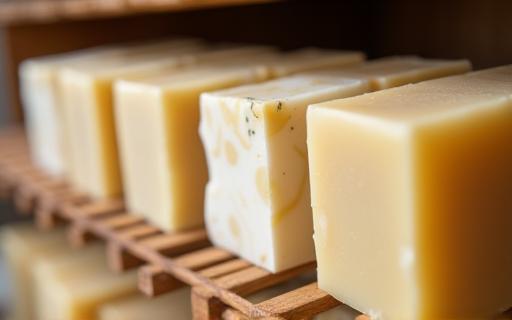 Photo of handmade soap bars curing on a rack, indicating the cold process