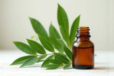 Photo of neem leaves and a bottle of neem oil, highlighting its source