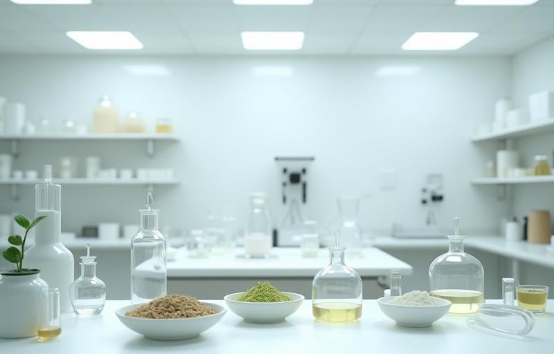 Clean laboratory setting with natural ingredients and glassware, conveying trust and purity