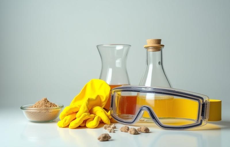 Image representing safety equipment, including gloves, goggles, and beakers in a lab setting